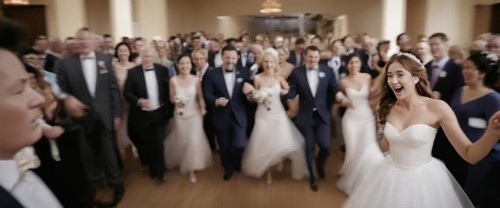 A jubilant moment at a wedding with the couple and guests in a celebratory haze, horizontal wide