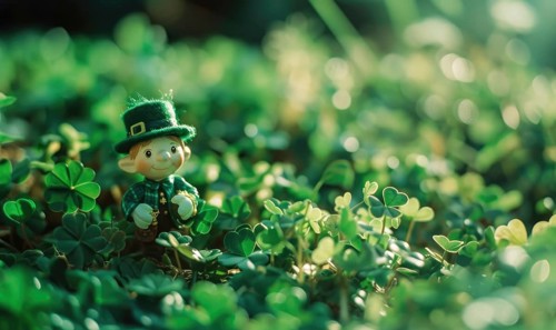 Saint Patrick's Day. Leprechaun sitting on clover. AI generated