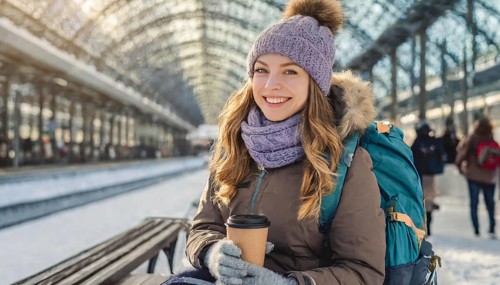 AI generated, A young blonde woman wants to travel and waits for the train at the station, 20, 25,