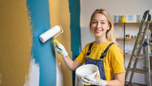 AI generated, woman, woman, a young girl paints a wall with new paint, white, white, renovation of