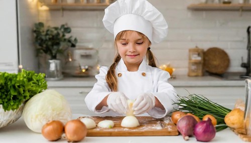 AI generated, human, humans, person, persons, child, children, 8 year old girl cutting onions in a