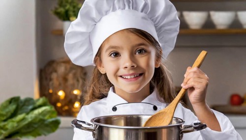 AI generated, human, humans, person, persons, child, children, 8 year old girl cooking a vegetable