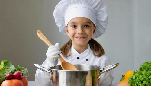 AI generated, human, humans, person, persons, child, children, 8 year old girl cooking a vegetable