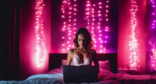 Sexy woman in lingerie with a laptop on the bed broadcasts online, webcam model erotic scene, AI