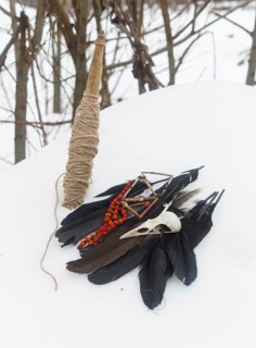 Spindle, crow feathers, bird skull and rowan beads in the snow. Still life. Pagan, witchcraft