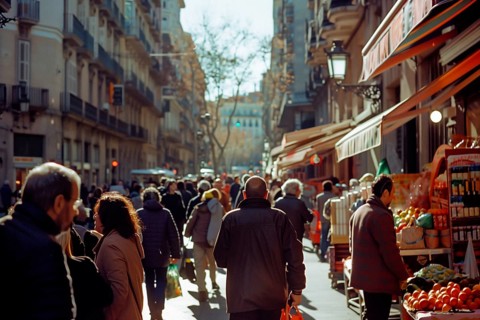 Crowd of people on a shopping street in the center of Barcelona in Spain, AI generated