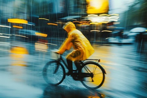 A cyclist captured in motion blur wearing a yellow coat on a wet road in the rain, AI generated, AI