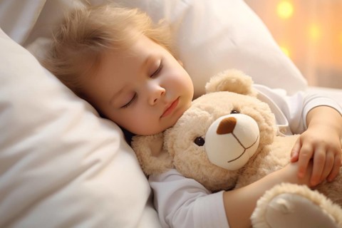 Small toddler child sleeping in bed while hugging teddy bear toy. KI generiert, generiert AI