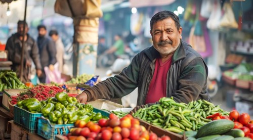 Cheerful vendor in a warm jacket at a vegetable stand filled with bell peppers and tomatoes, ai