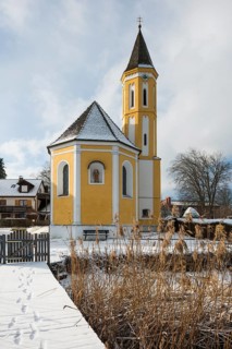 Snow-covered church in winter, St Alban's Church, Diessen, Lake Ammer, Fuenfseenland,