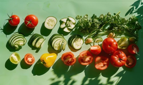 Fresh vegetables on a green background. Top view. Flat lay. AI generated