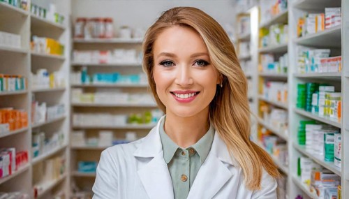 AI generated, A young pharmacist in her pharmacy, portrait, 30, 35, years, female, blonde, blond,
