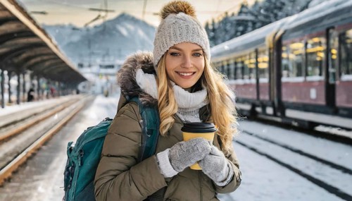 AI generated, A young blonde woman wants to travel and waits for the train at the station, 20, 25,