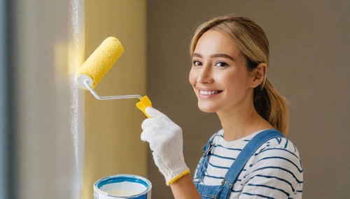 AI generated, woman, woman, a young woman paints a wall with new paint, yellow, yellow, yellowing,