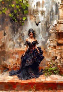 Painting of a Spanish woman with long dark hair, in a black dress with red elements, standing in