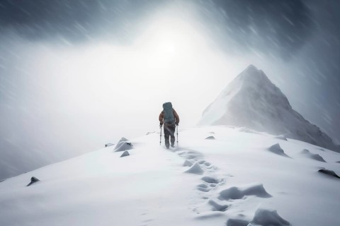 A mountaineer in mountains approaching a majestic snowy mountain peak amidst a snowfall and snow