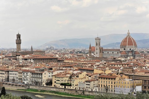 City panorama with Santa Maria del Fiore Cathedral, view from Monte alle Croci, Florence, Tuscany,