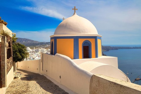 Sea view and Dome of Catholic Church of Saint Stylianos, Fira, Santorini, Greece, Europe