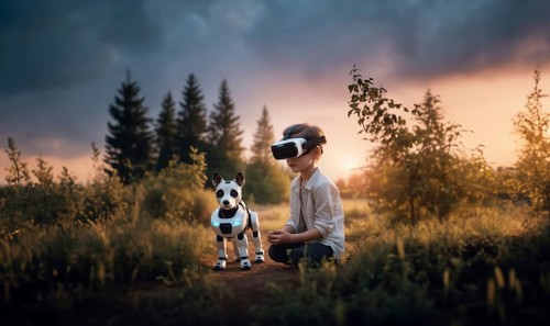 Child in VR glasses with a robot dog in nature. The concept of robotics in children's lives, AI