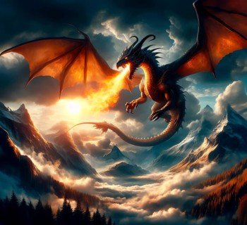 A fire-breathing dragon flies in the sky, symbolic image fantasy, fantasy, fairy tale, myth,