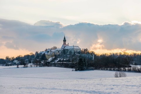 Andechs Monastery in winter, sunset, Fuenfseenland, Pfaffenwinkel, Upper Bavaria, Bavaria, Germany,