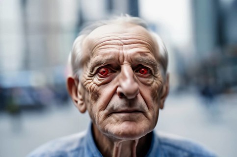 Old man with inflamed eyes, conjunctivitis and insomnia suffers from sore eyes, AI generated