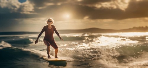 Old gray-haired happy woman surfing on the sea. Athletic old age, active lifestyle, AI generated