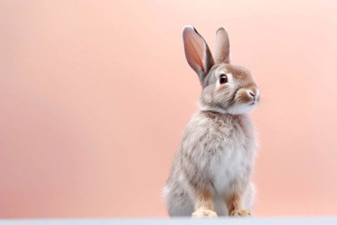 Bunny in front of pink studio background. Dog with Halloween witch hat on purple backgroundKI