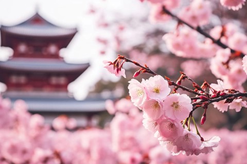 Japanese cherry flower blossom with blurry Asian temple building entrance gate in background. KI