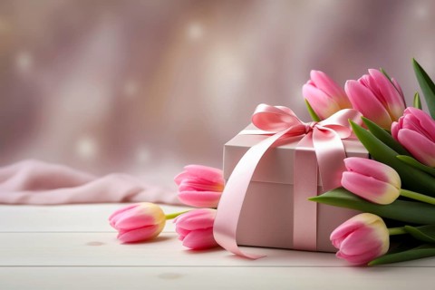 Gift Box with Pink Ribbon Beside bouquet of Fresh Tulips on Bokeh Background. Good for Valentine