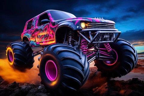 Monster truck illuminated by neon lights, excitement and thrill of an extreme sport and