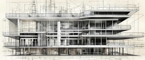 Black and white schematic of a modern multi-story building design, horizontal aspect ratio, off