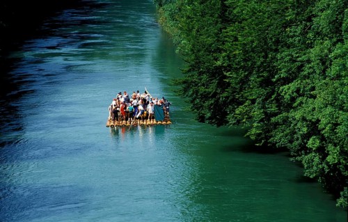 Party on a raft near Munich Bavaria Germany starting from Wolfratshausen, Munich, Bavaria, Germany,
