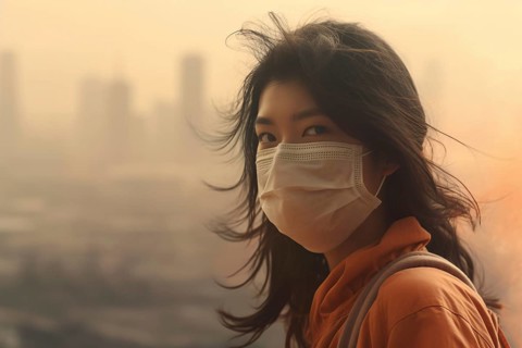 Asian woman covering mouth with medical face mask with blurry city covered in orange smog or