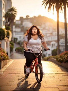 Plus size young female in a striped shirt rides a red bicycle in the city at sunset, with palm