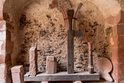 Architectural fragments of stone, remains, upper gate building, Ronneburg Castle, medieval knight's