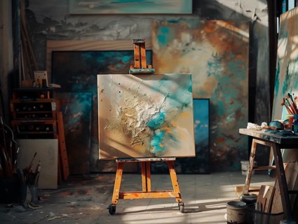 Workshop of a painter with some of her works, AI generated