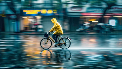 A cyclist in a yellow coat rides fast on an urban path wet from rain, AI generated, AI generated