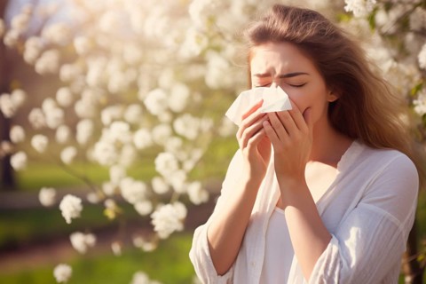 Pollen allergy concept with sneezing woman in fornt of blooming trees with white spring flowers. KI