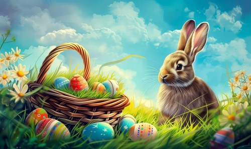 Cute Easter bunny sits beside a basket filled with colorful, decorated eggs amidst a vibrant green