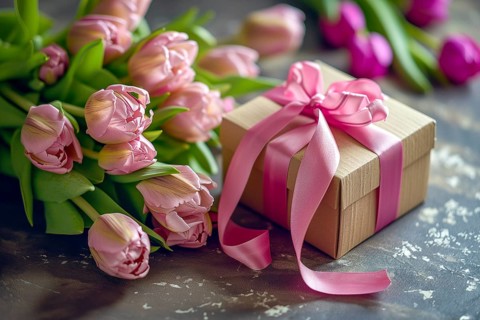 Gift Box with Pink Ribbon Beside bouquet of Fresh Tulips. Background for Valentine day, March 8,