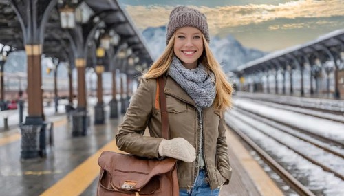 AI generated, A young blonde woman wants to travel and waits for the train at the station, 20, 25,