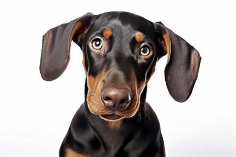 Portrait of DObermannd og with long floppy ears on white background. KI generiert, generiert AI
