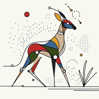 Dynamic abstract illustration of a gazelle crafted with geometric shapes and color blocks,