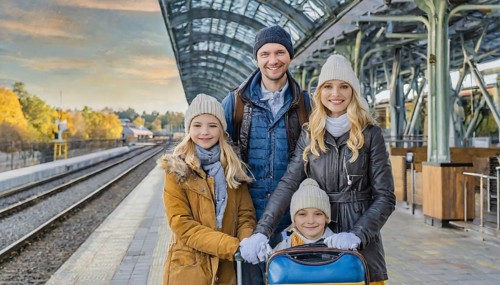AI generated, A young family wants to travel and waits in the station for the train, 30, 35, years,