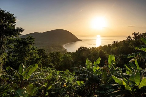 View from a mountain to a secluded bay with a sandy beach and mangrove forest. The sun rises over