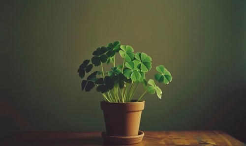 Four leaf clover plant in a pot on wooden table and green background. AI generated