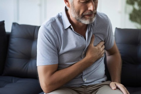 Man clutching chest. Concept for heart attack, chest pain or other heart deseases. KI generiert,