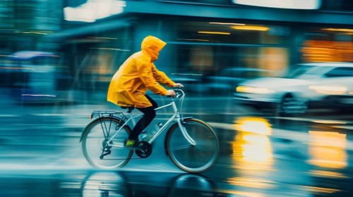 Cyclist in yellow suit races across wet, light-reflecting road in the rain, AI generated, AI