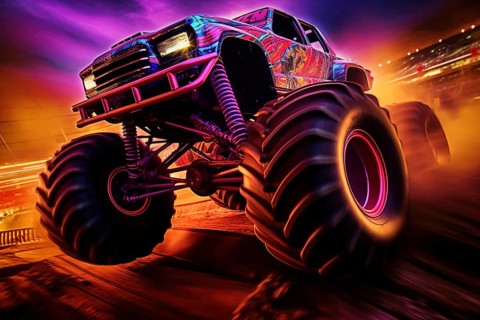 Monster truck with neon lighting, jumping off-road in cloud of dust. Excitement and thrill of an